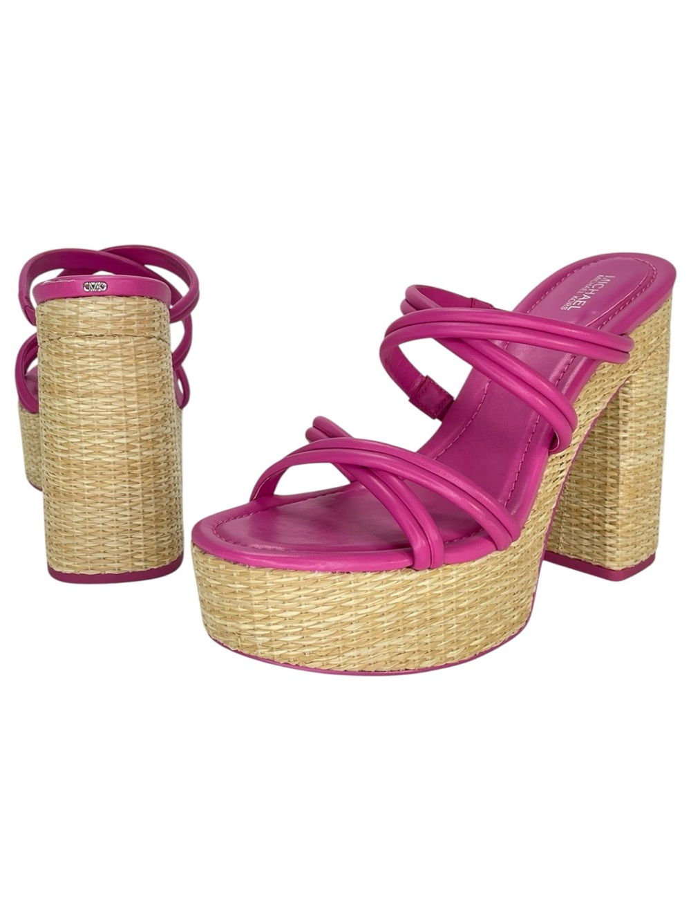 Michael Kors Corrine Pink Leather Raffia Womens Platform Sandals Size 11M - Picture 11 of 15